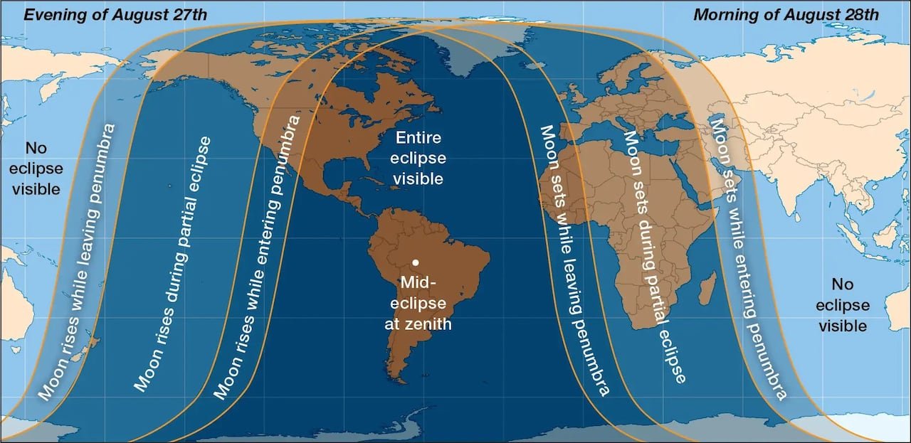 A map showing the visibility of the lunar eclipse on August 27 and 28.