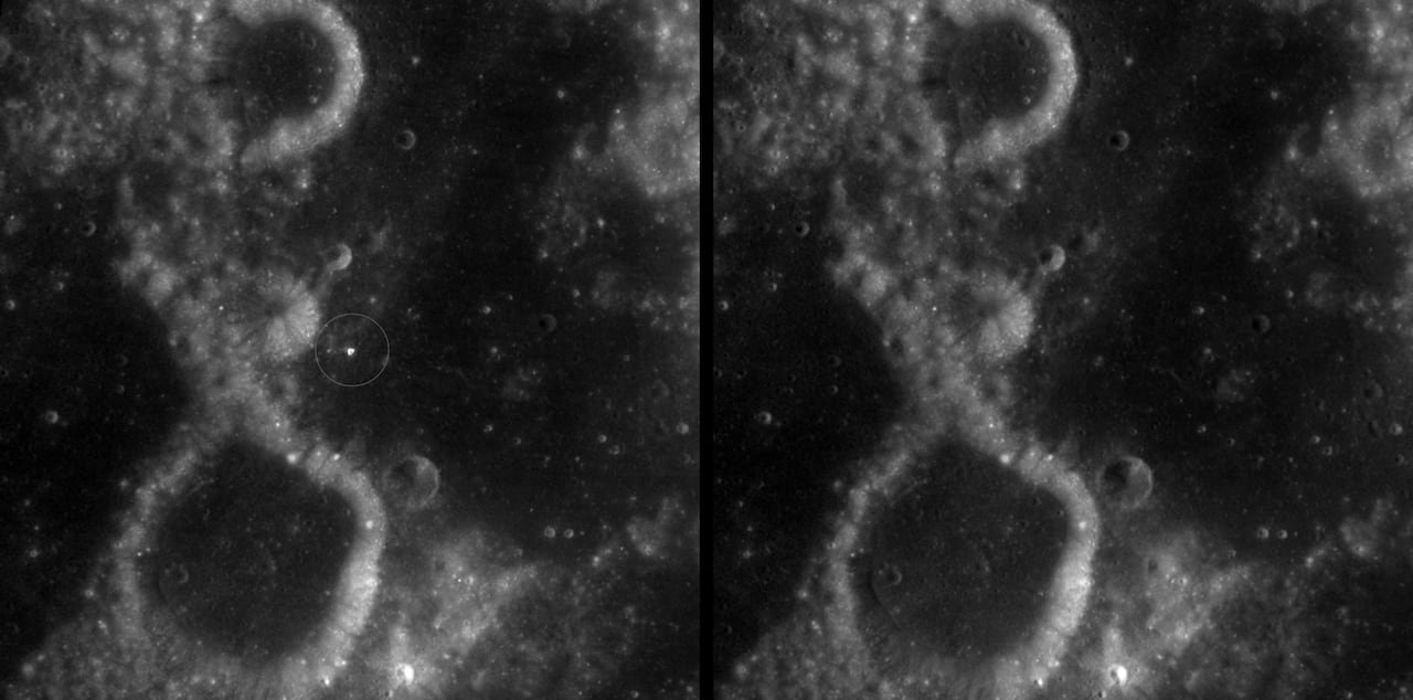 Two side-by-side images depict the moon's surface with and without the crater.
